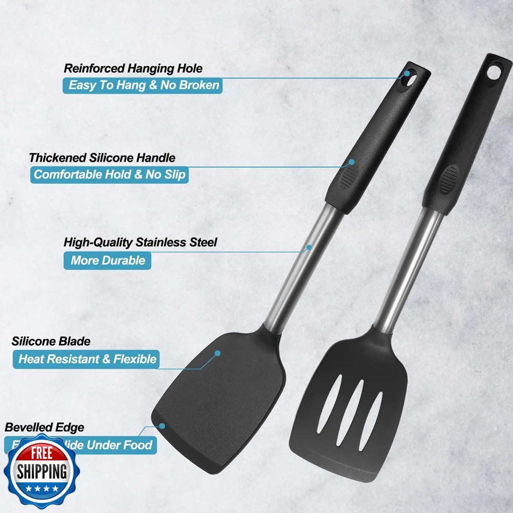 2 Pack Spatulas, Solid and Slotted Silicone Spatula Set, Stainles