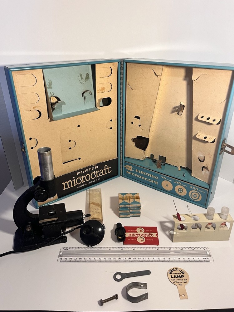 Vintage Porter Microcraft Microscope Lab Kit #2105 Electric Light Working