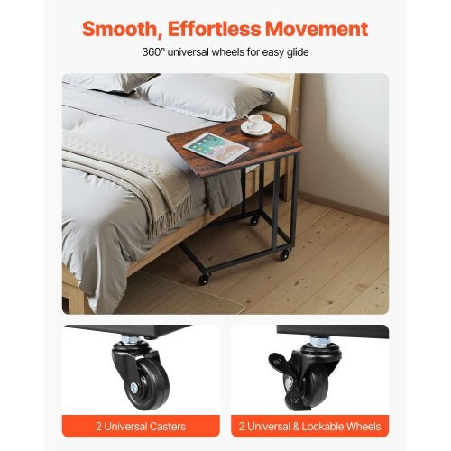 C Table, C Shaped Sofa Side Table with Metal Frame Rolling Casters, Portable C