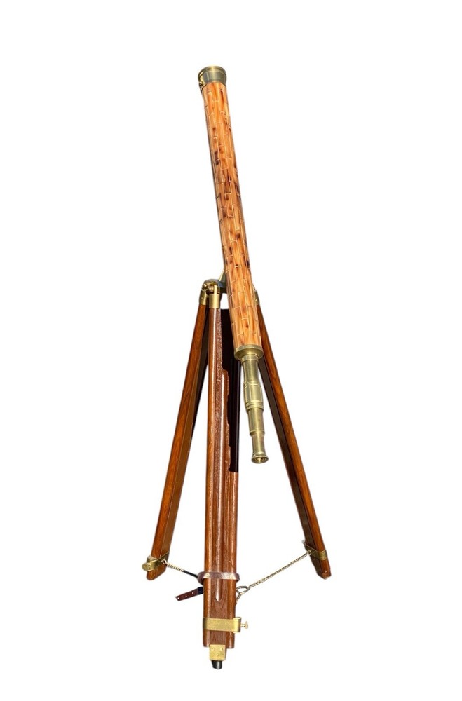 Vintage Brass and Bamboo Telescope on Adjustable Tripod Base