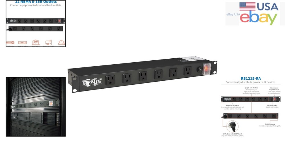 1U Rack Mount Power Strip with 12 Outlets and Right-Angle Plug for Versatile Use