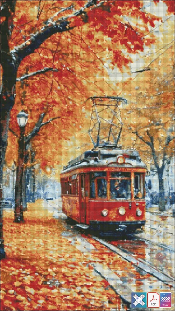 Autumn Tram Chart Counted Cross Stitch Pattern Needlework 758