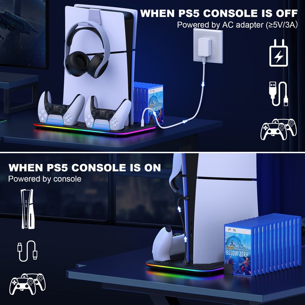 PS5 Slim/PS5 Disc&Digital Editions Controller Charger Stand with Cooling Fan