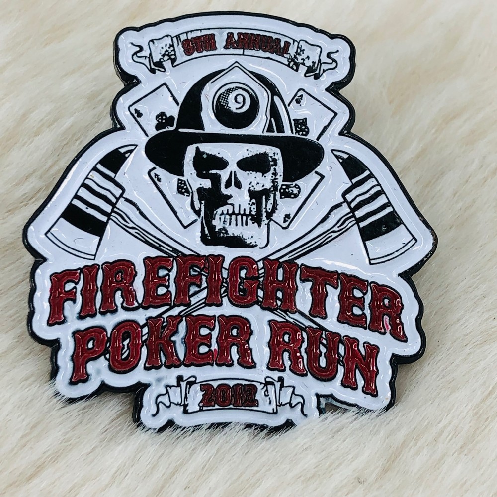 2012 Firefighter Poker Run Motorcycle Lapel Pin 9 Ball Skull Crossbones Axe