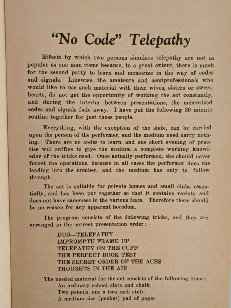 Vtg Max Holden Magic Trick Book Telepathy Two Person No Code Jinx Program # 5