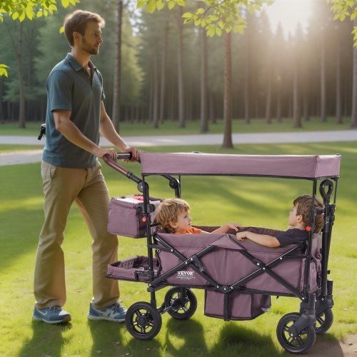 Wagon Stroller for 2 Kids Push Pull Quad Collapsible Stroller Dark Purple