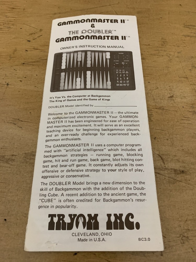 Gammonmaster ll by Tryom Inc. Owners Instructional Manual