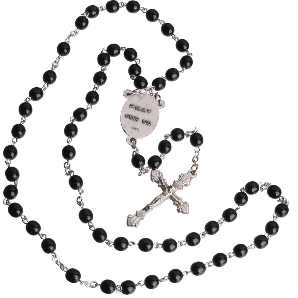 St Michael Black Round Catholic Rosary Beads Glass Women Men 6mm Italy 18" Long