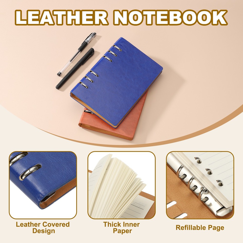A6 Refillable Leather Notebook, 6 Ring Hardcover Binder Notebook, Blue