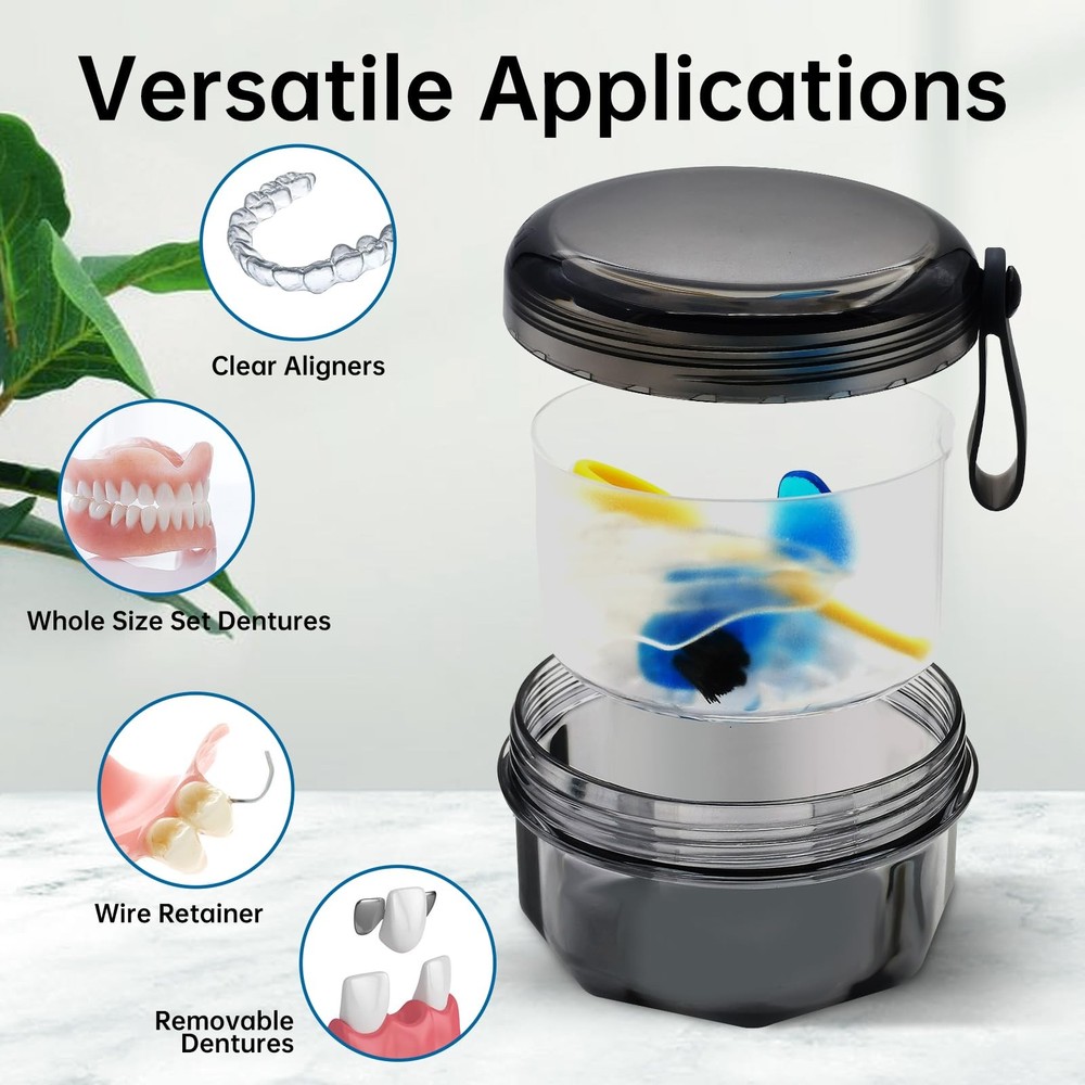 Leak Proof Denture Cups for Soaking Dentures with Strainer Transparent Black