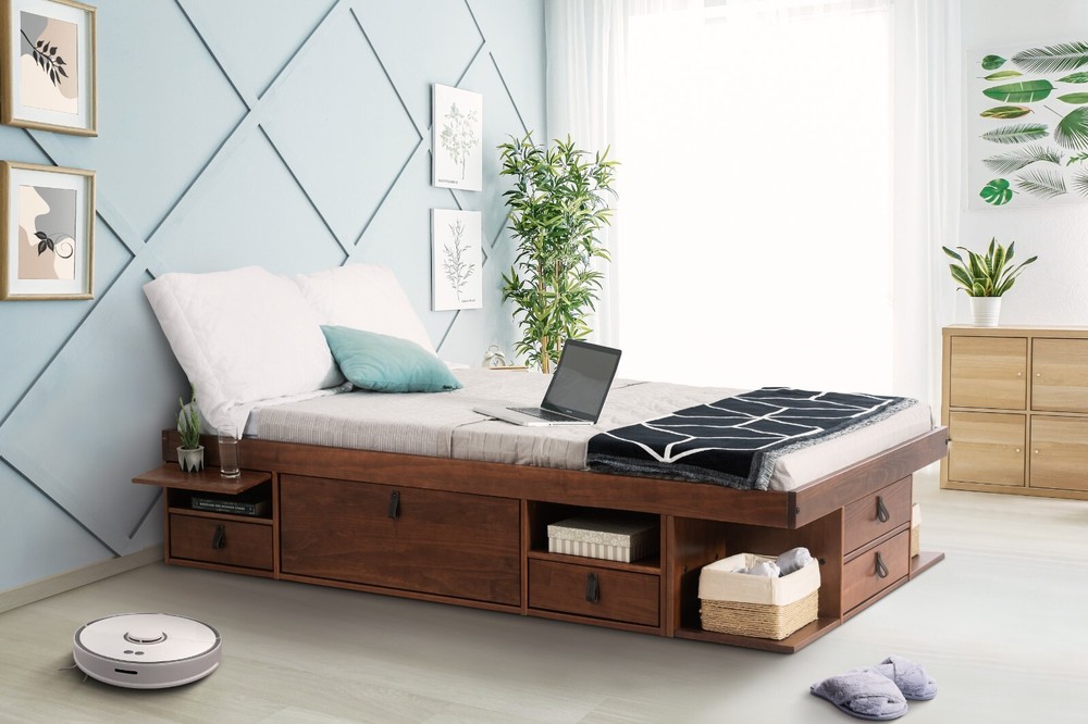 Memomad Bali Bed - Full Size Storage Platform Bed Frame with Drawers (Caramel)