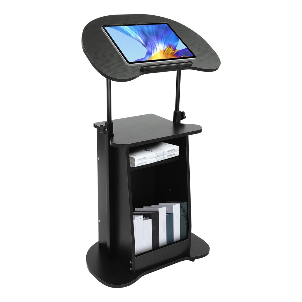 Adjustable Mobile Height Presentation Stand with Storage and Rolling Wheels