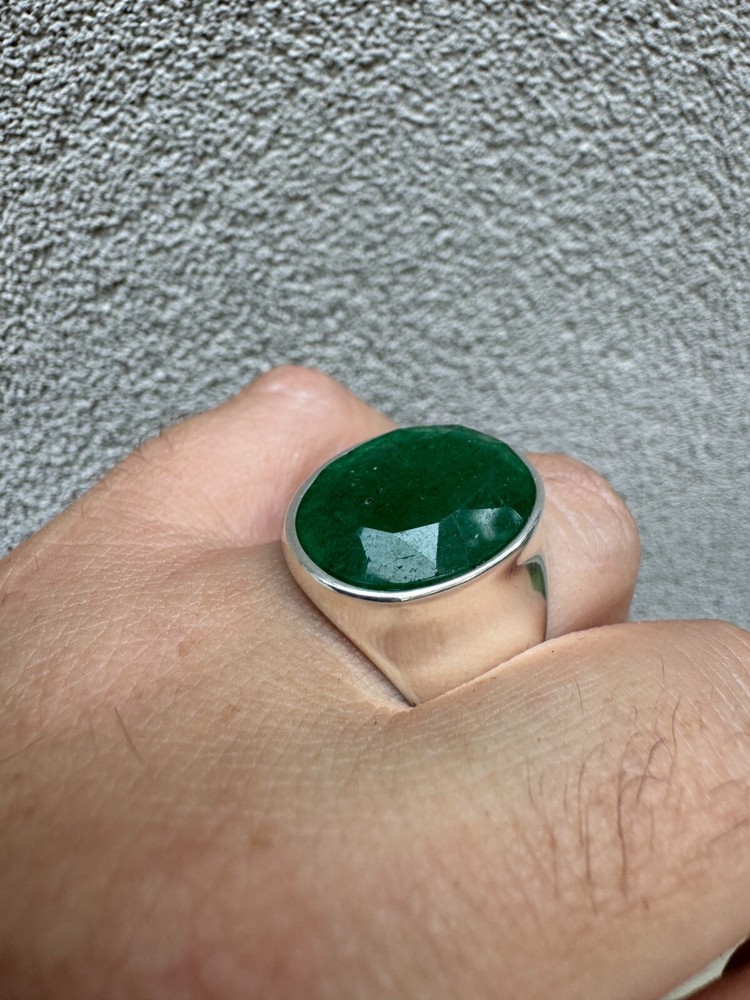 Large 18ct Genuine Emerald Gemstone Mens Real Solid 925 Silver Oval Signet Ring