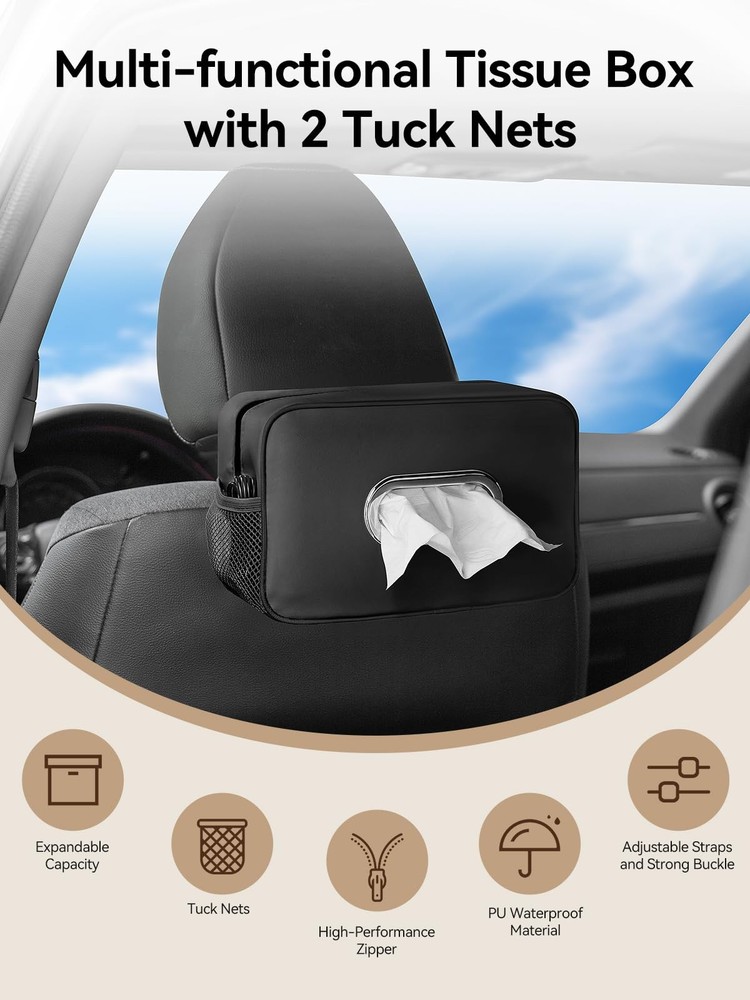 Multi-Functional Car Tissue Holder with ‌2 Storage Nets, Upgraded PU Leather ...
