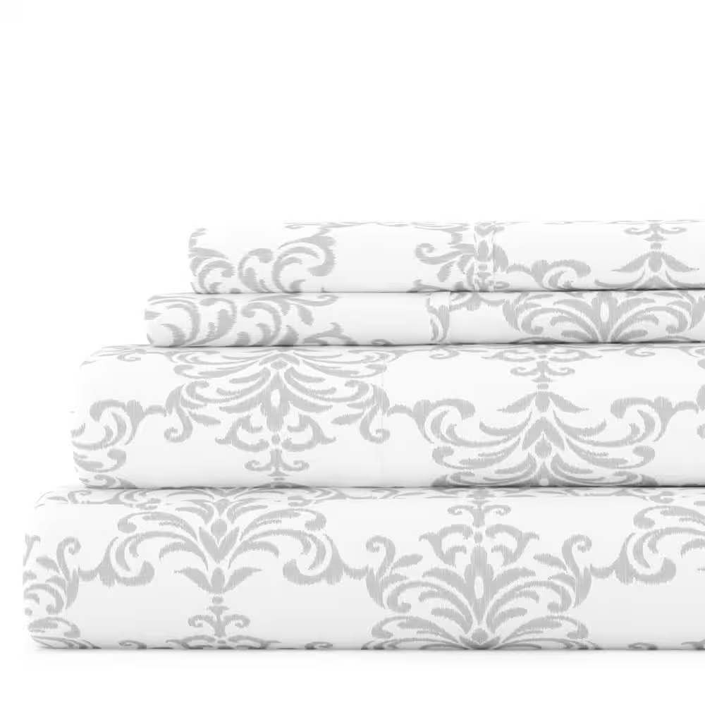 Premium Ultra Soft 4-Piece Light Gray Soft Bouquet Pattern Microfiber California