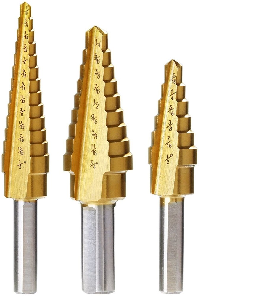 3 PIECE TITANIUM STEP STEPPED DOWN VARIABLE SIZE STEEL DRILL BIT UNIBIT TOOL SET