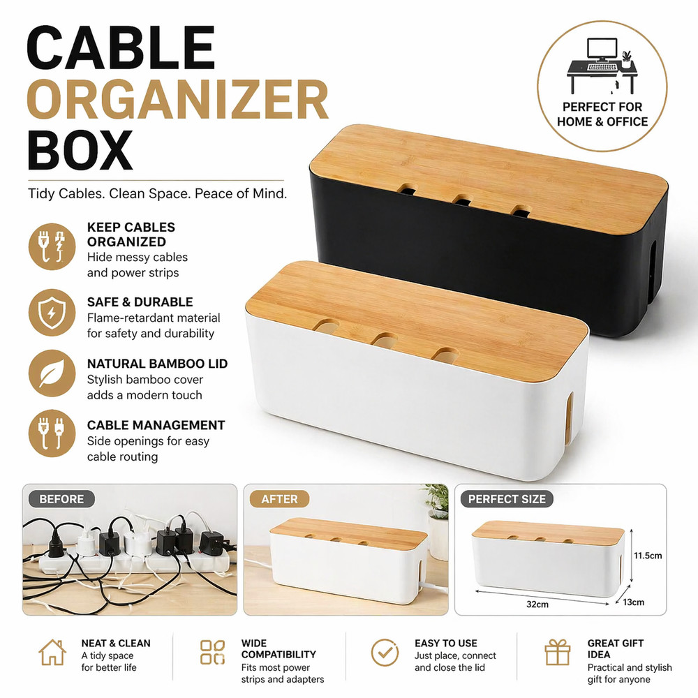 Cable Management Box Bamboo Lid Wire Organizer Hide Cords Desk Storage