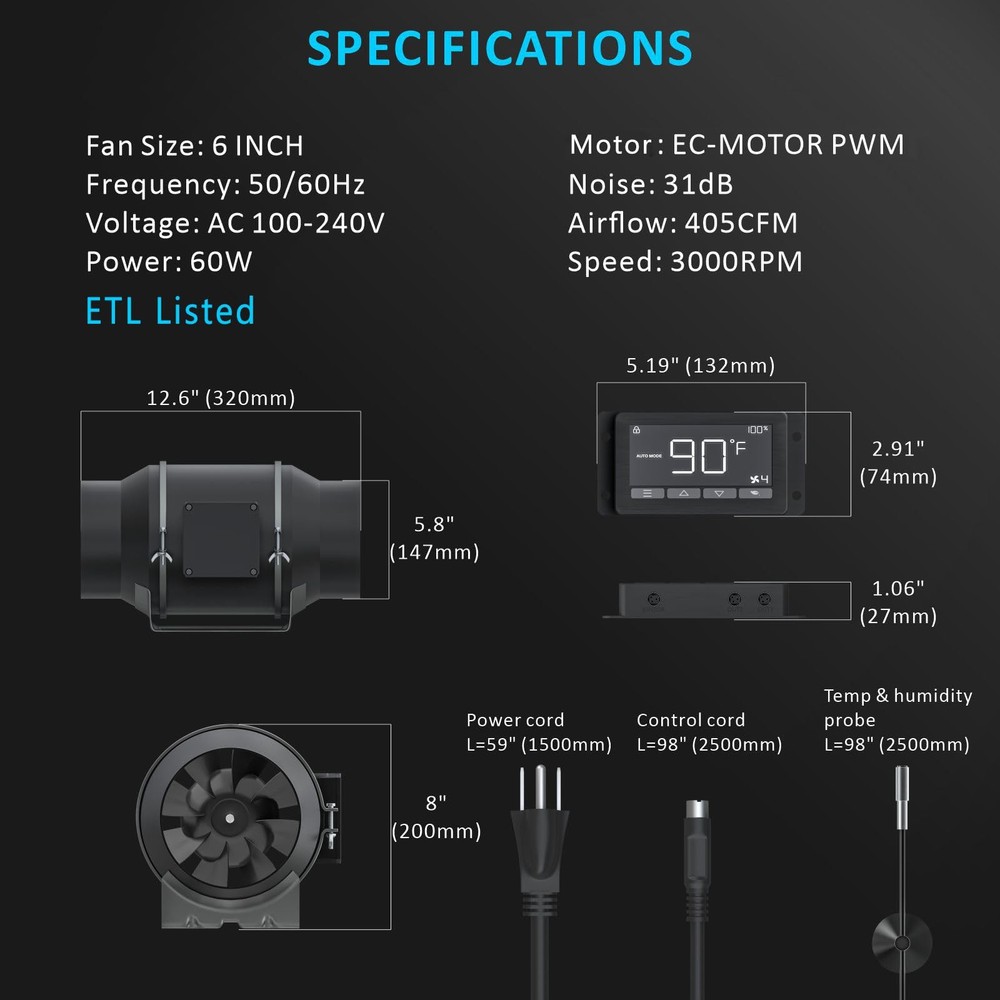 6 Inch Inline Duct Fan with Controller, 405 CFM Quiet EC Motor Ventilation Fa...