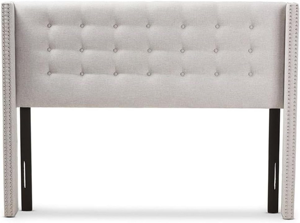 Queen Winged Panel Headboard, 66.34 in Wide, Grayish Beige Polyester Upholstery,