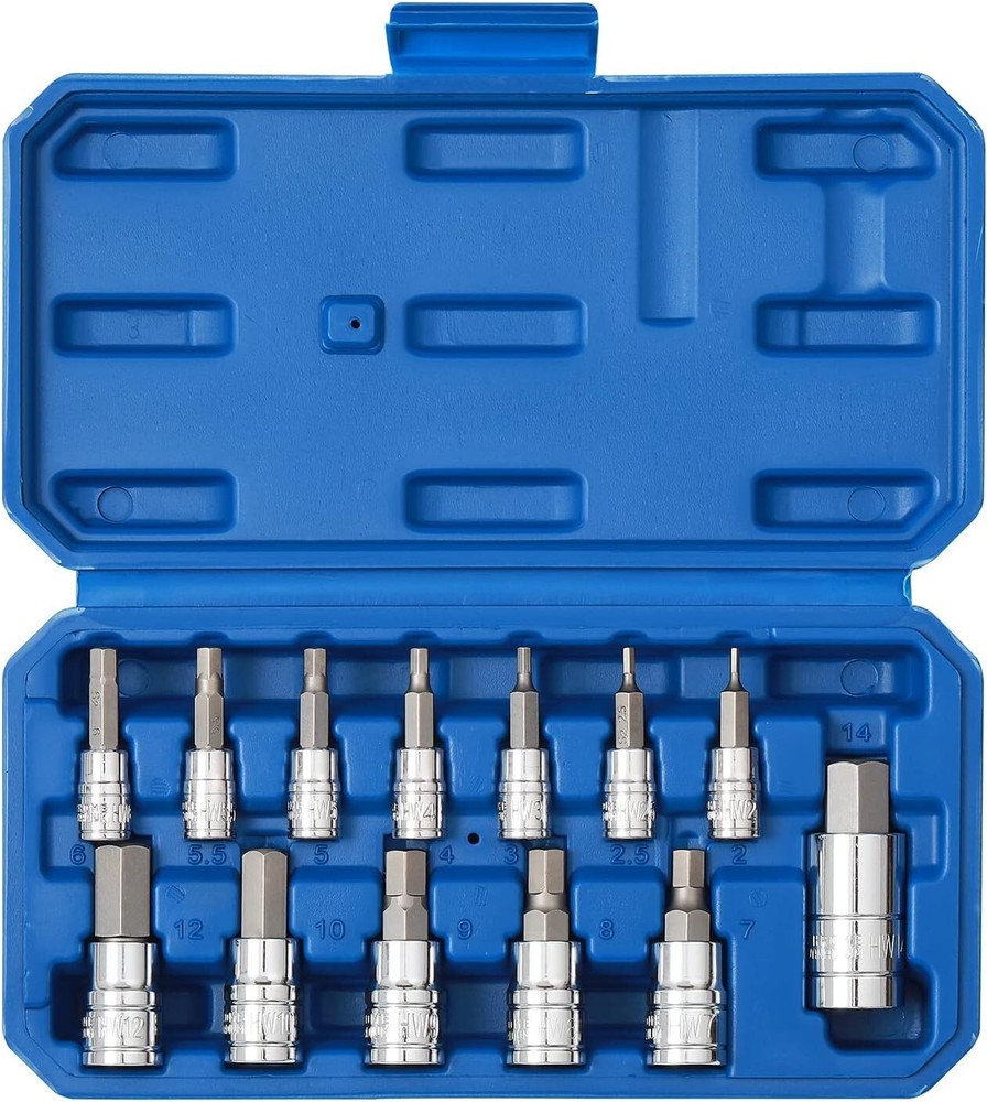 13Pcs Hex Bit Socket Set S2 Steel Bit Socket Tool Kit Metric 2mm-14mm Allen Bit
