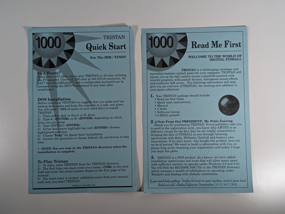 Solid State VideoGame Pinball Tristan (Amtex 1991) Manual & 2 Quick Start Sheets