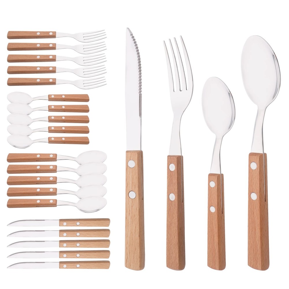 Silver Flatware Set with Natural Wood Handle, 24 PCS Silverware Set for 6, Pr...
