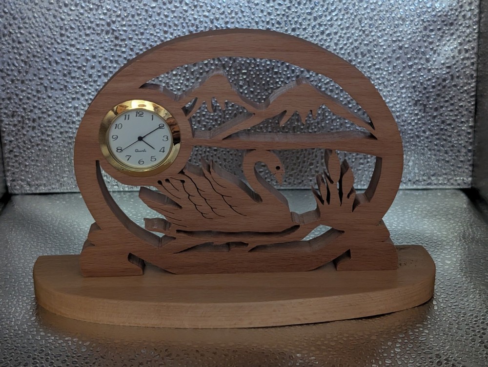 handmade scrollsawn Wood Swan Clock
