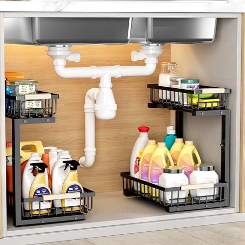 Under Sink Organizer for Bathroom Storage: Pull Out Storage 2 PACK Black