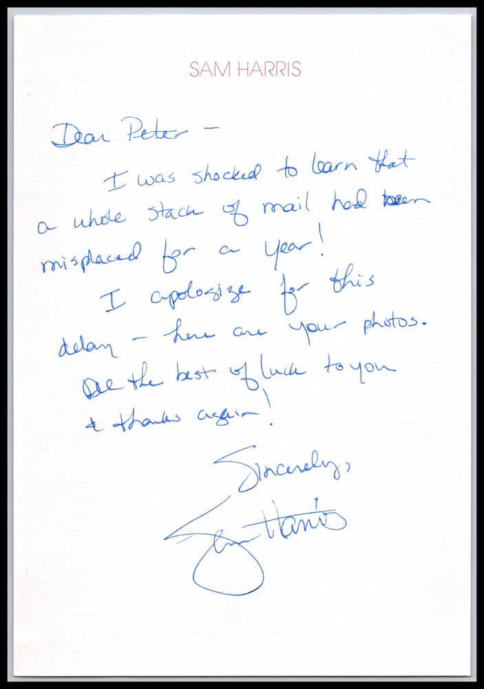 Sam Harris - Singer - 7x10 Written Letter - Signed | Autograph