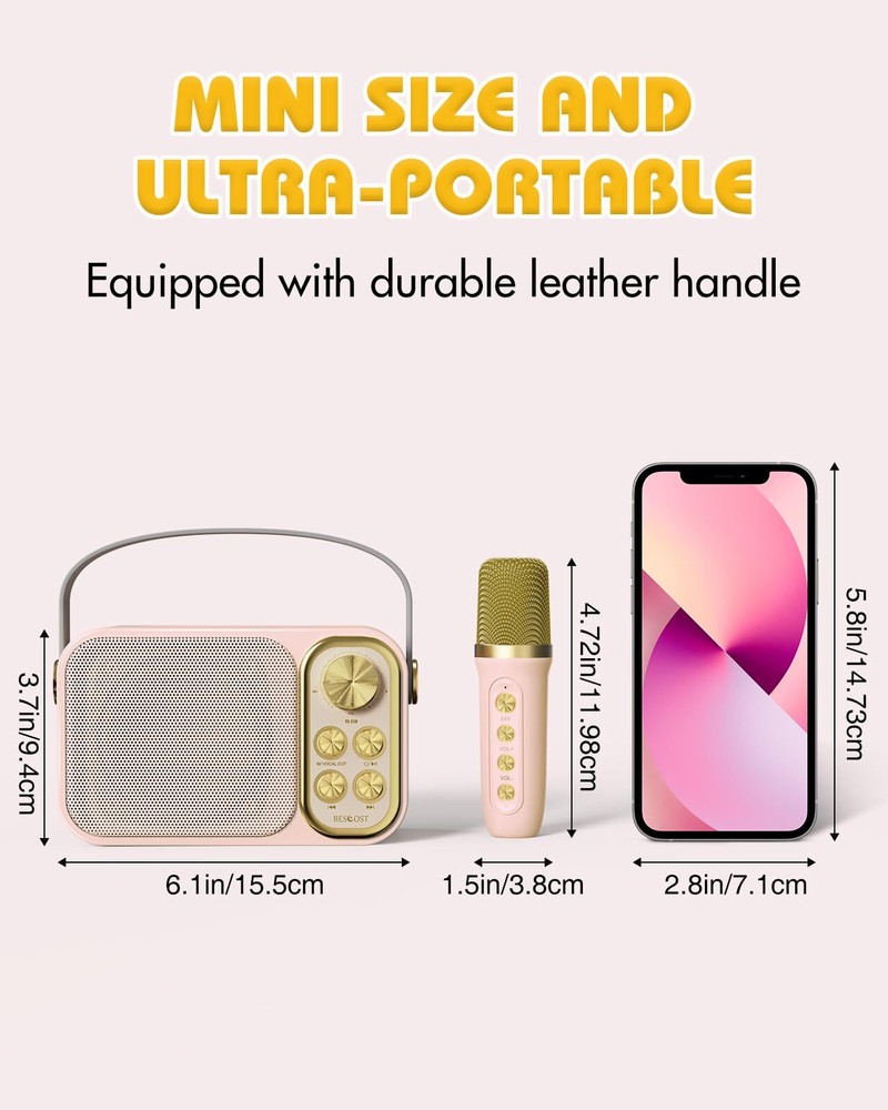 Mini Karaoke Machine for Kids with 2 Wireless Microphone, Portable Bluetooth ...