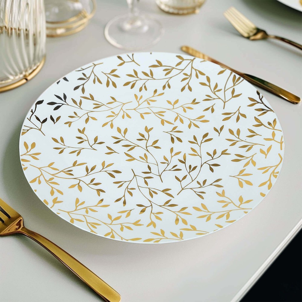 10 White 10" Round Plastic Salad Dessert Plates Gold Leaf Design Tableware
