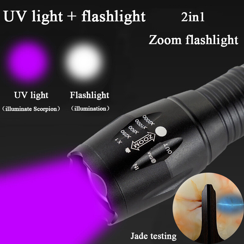 UV Flashlight LED Torch Zoomable Ultra Violet Black White Dual Light Detector