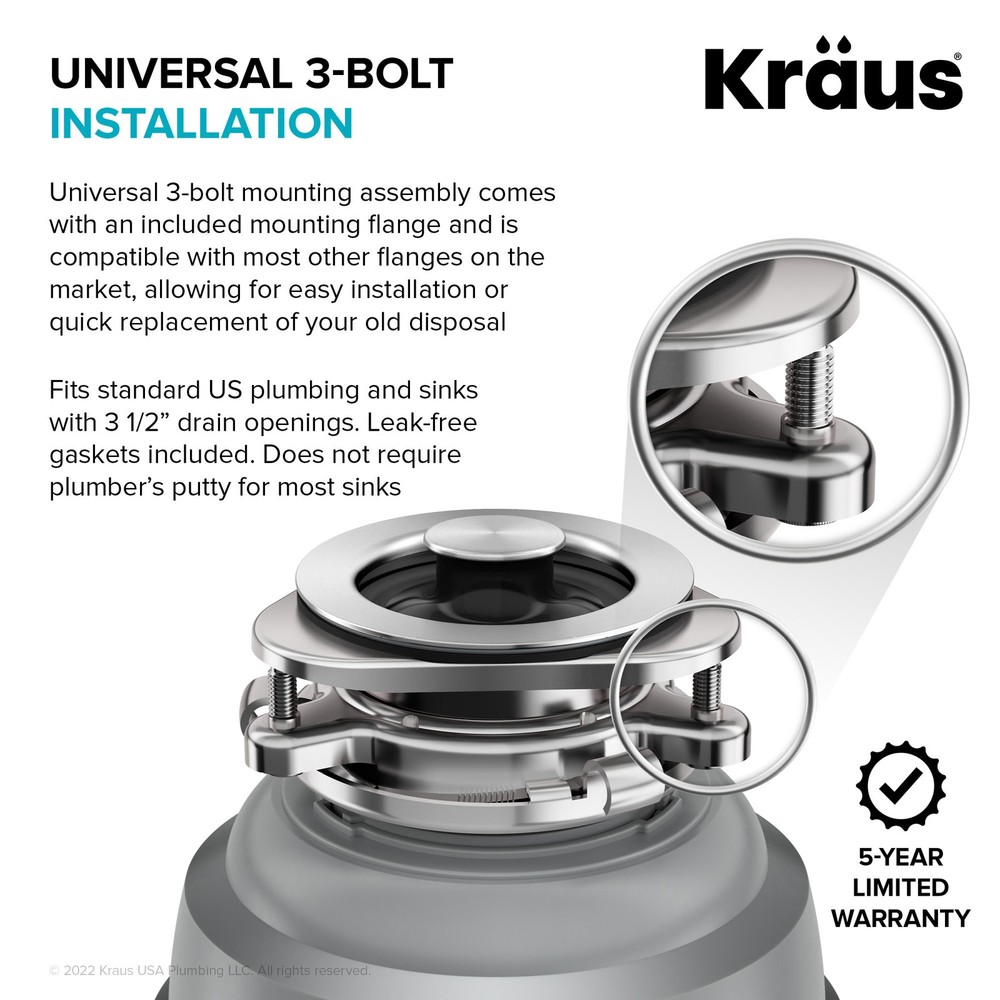 Kraus KWD210-75 3/4 HP Continuous Feed Garbage Disposal - Grey