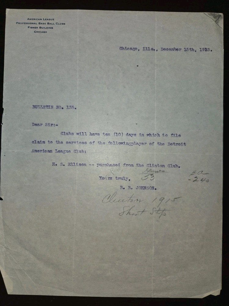 Original 1920 MLB Waiver Bulletin Trade Documents