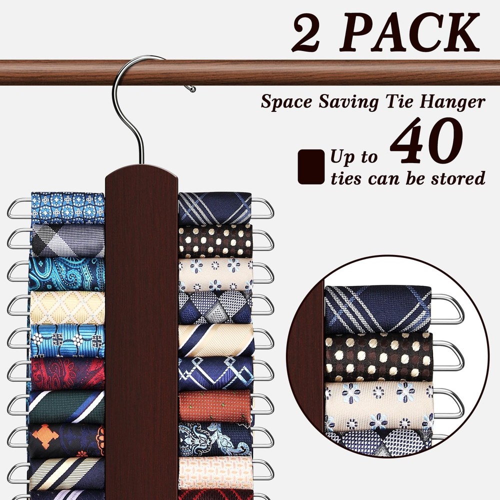 2 Pack Tie Rack for Closet, Premium Wooden Necktie 2 PACK, Red-2