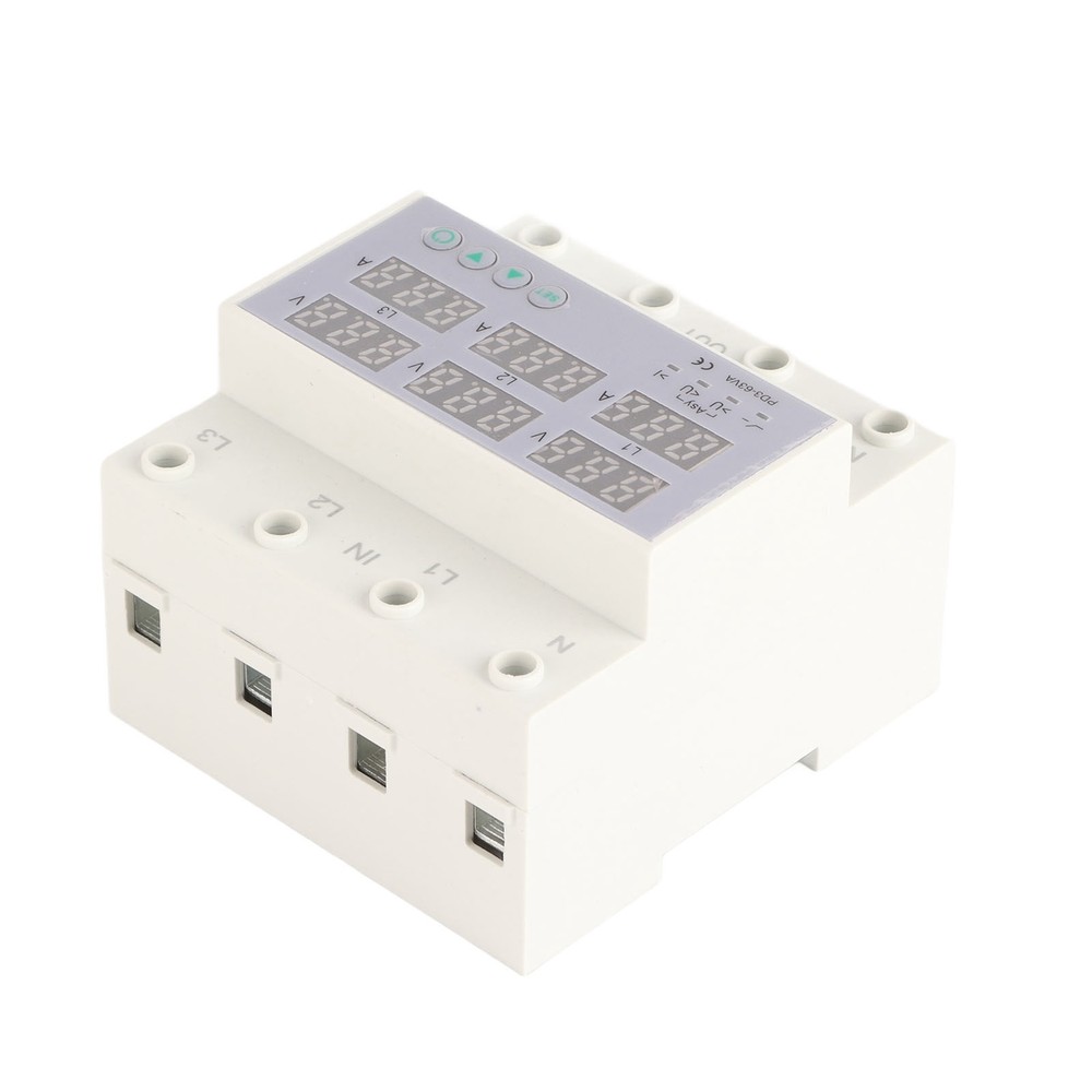 63A 3Phase DIN Rail Voltmeter Ammeter Auto-Overvoltage Overcurrent Protector AC