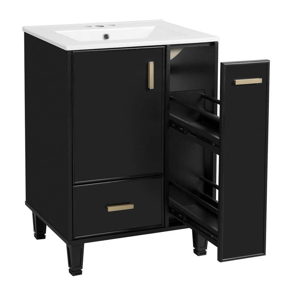 Bathroom Vanity with Ceramic Sink Solid Wood Frame Storage Cabinet Deep Drawer