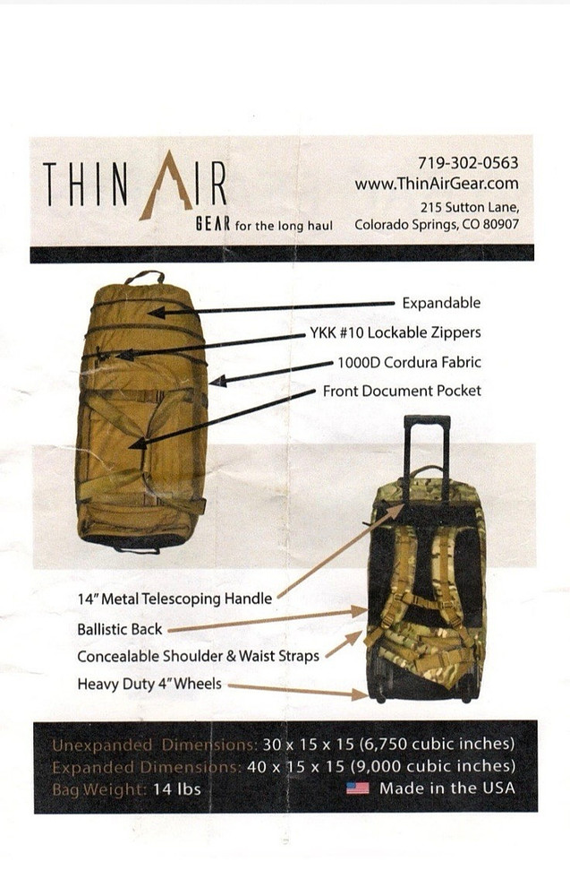 USMC THIN AIR GEAR Rolling Deployment Bag Black Duffle Huge