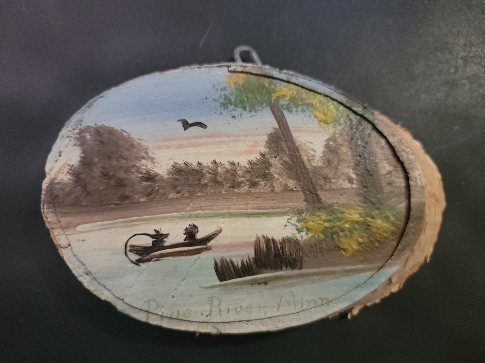 Hand Painted Birch Slice - 6x4 Riverscape boat Pine River Minnesota