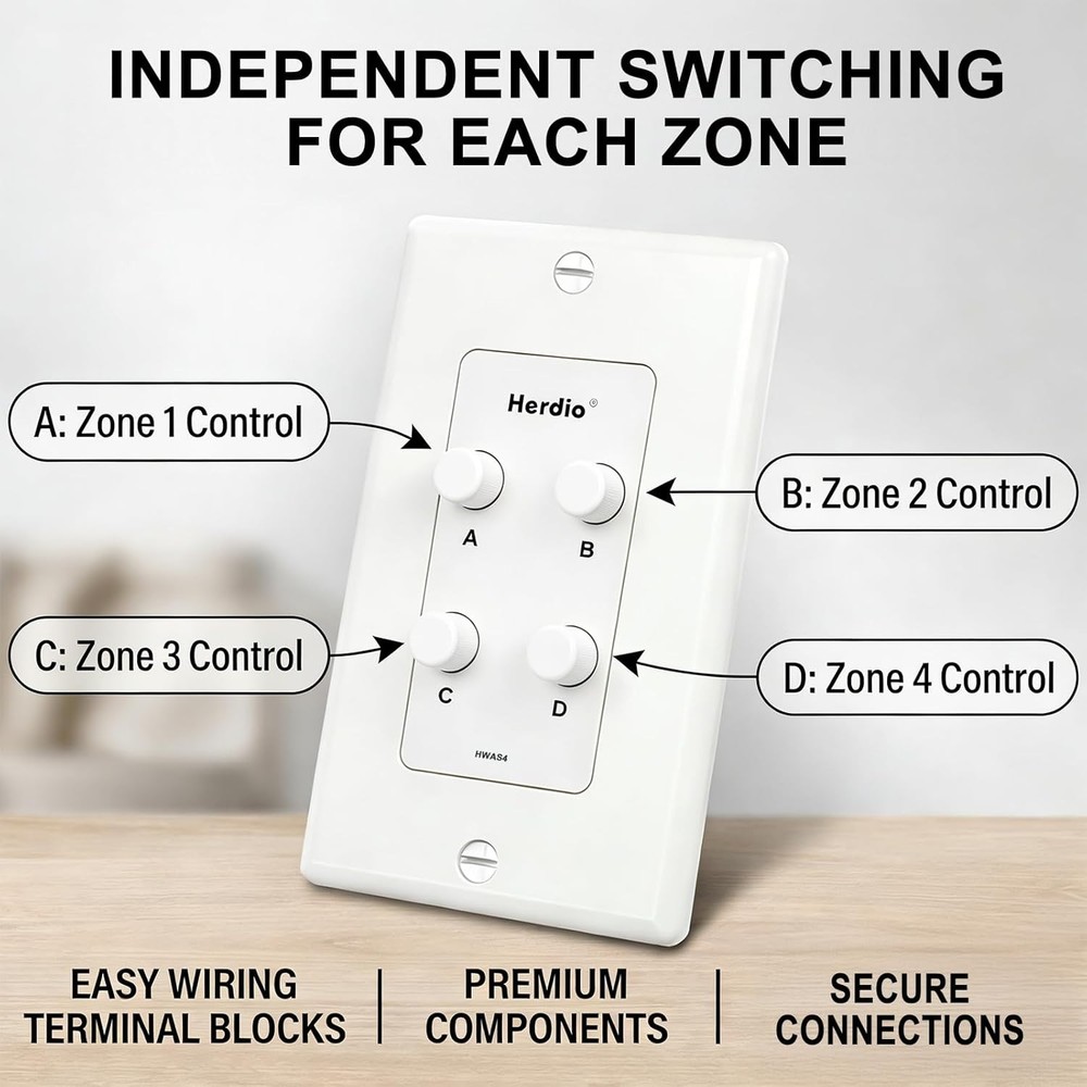 Herdio in-Wall 4 Channel Speaker Selector Switch Home Audio Speakers Controller