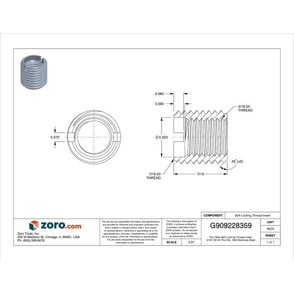 Thin Wall Self Locking Thread Insert, 5/16"-24 Int Thrd Sz, 18-8 Stainless
