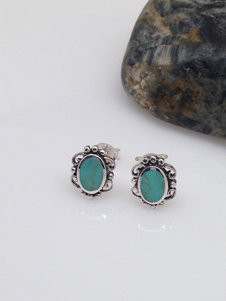 Lace Turquoise Stud Earrings 925 Sterling Silver Oval Post Stud Tiny 9mm(6.5mm)