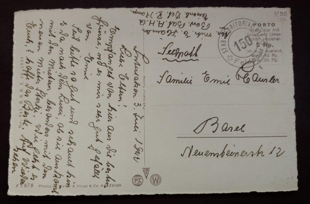 SWITZERLAND FIELDPOST POSTKARTE K2