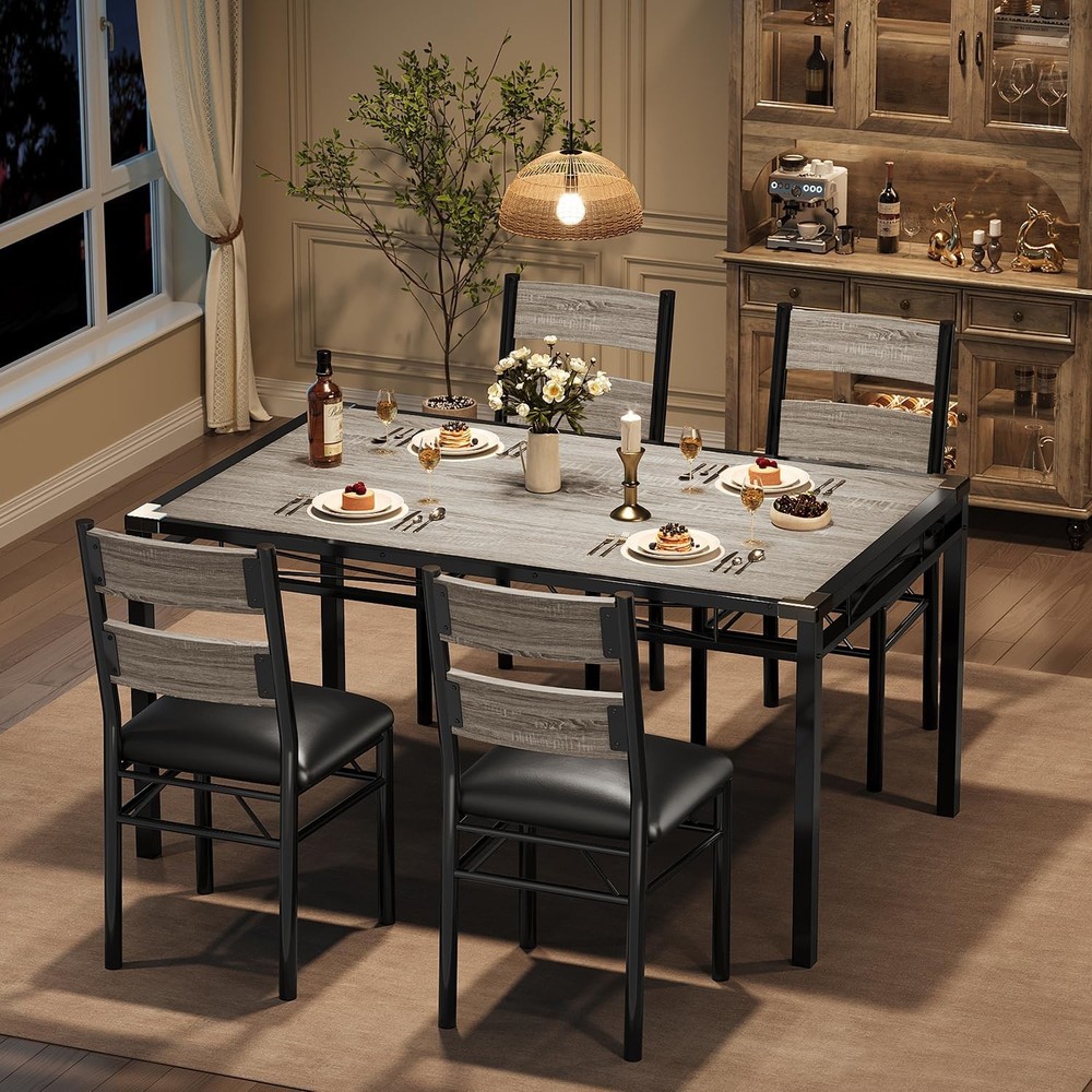 Wood Dining Table Set for 4 w/ Corner Protector&Upholstered Chairs for Apartment