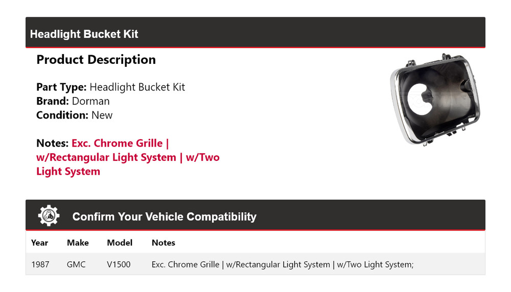 For 1987 GMC V1500 Dorman Headlight Bucket Kit
