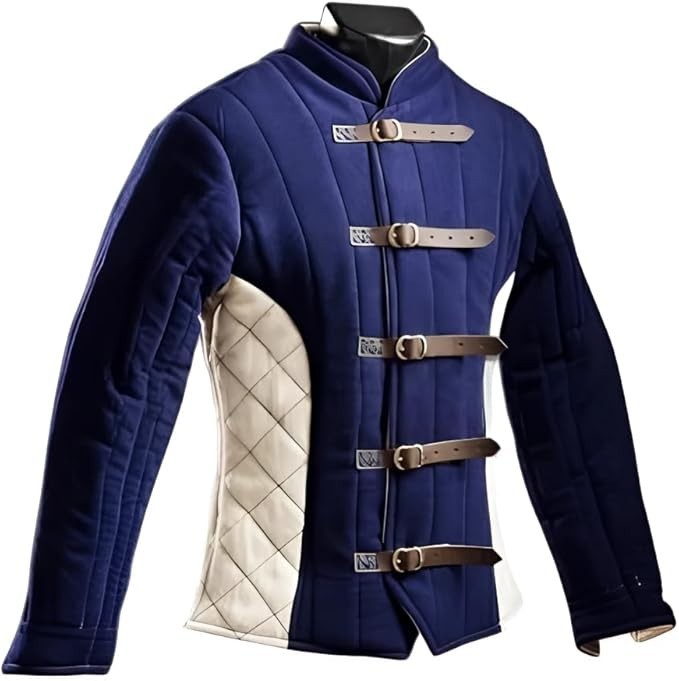 medieval thick padded gambeson blue and white.