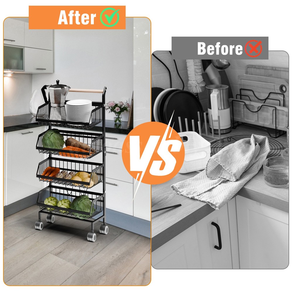 4 Tiers Kitchen Trolley Rack Utility Rolling Storage Cart Fruit Vegetable Shelf