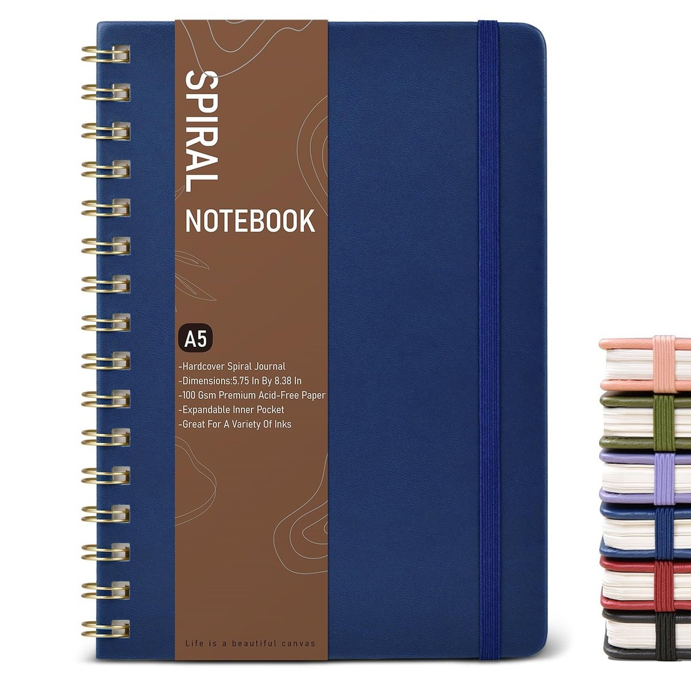 Dotted Spiral Journal Notebook, A5 Hardcover Dotted, Navy Blue