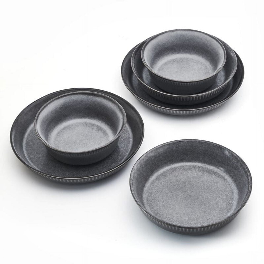 6 Piece Dinnerware Bowl Set Gray Stoneware Service for 2 Microwave Safe Durable