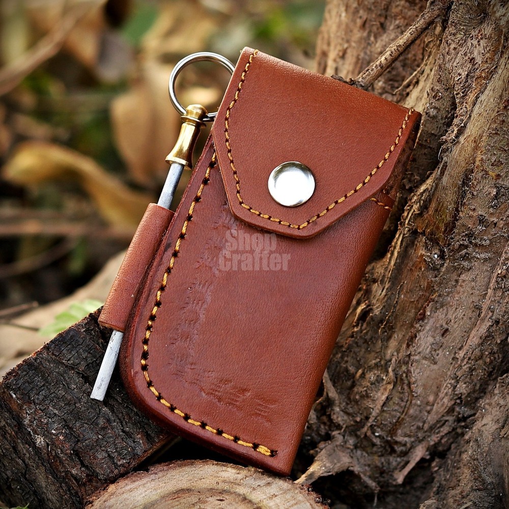 Handmade Damascus Folding Knife, Turquoise Stone Handle Leather Sheath Sharpner.